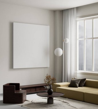 Oturma odasının içi modern mobilyalarla dolu. Poster çerçevesi modern iç tasarımı taklit ediyor. 3B illüstrasyon