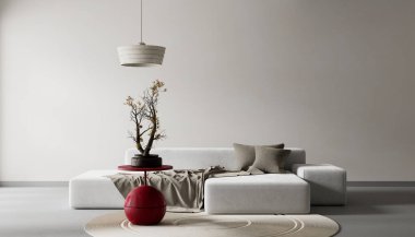 Oturma odasının içi modern mobilyalarla dolu. Boş duvar modern iç dizaynla modellenir. 3B illüstrasyon