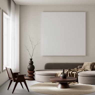 Oturma odasının içi modern mobilyalarla dolu. Poster çerçevesi modern iç tasarımı taklit ediyor. 3B illüstrasyon