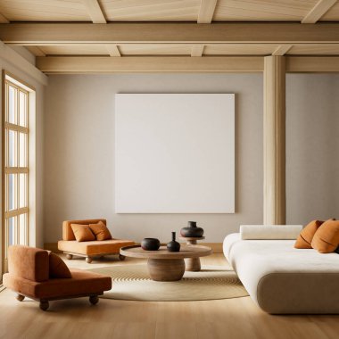 Oturma odasının içi modern mobilyalarla dolu. Poster çerçevesi modern iç tasarımı taklit ediyor. 3B illüstrasyon