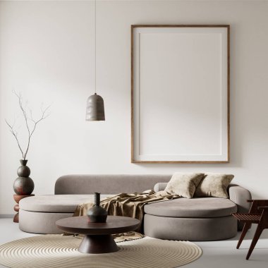 Oturma odasının içi modern mobilyalarla dolu. Poster çerçevesi modern iç tasarımı taklit ediyor. 3B illüstrasyon