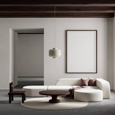 Oturma odasının içi modern mobilyalarla dolu. Poster çerçevesi modern iç tasarımı taklit ediyor. 3B illüstrasyon