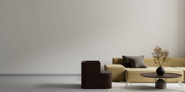 Oturma odasının içi modern mobilyalarla dolu. Boş duvar modern iç dizaynla modellenir. 3B illüstrasyon