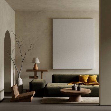 Oturma odasının içi modern mobilyalarla dolu. Poster çerçevesi modern iç tasarımı taklit ediyor. 3B illüstrasyon