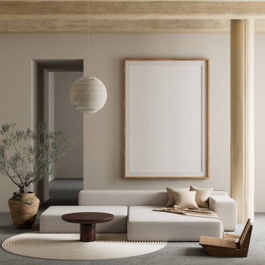 Oturma odasının içi modern mobilyalarla dolu. Poster çerçevesi modern iç tasarımı taklit ediyor. 3B illüstrasyon