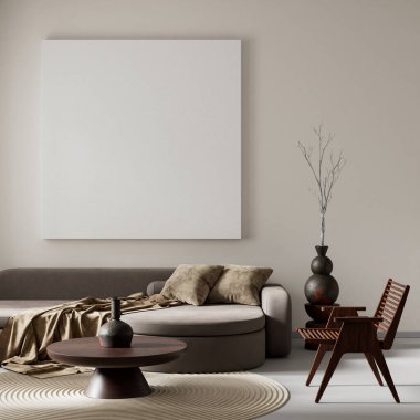 Oturma odasının içi modern mobilyalarla dolu. Poster çerçevesi modern iç tasarımı taklit ediyor. 3B illüstrasyon