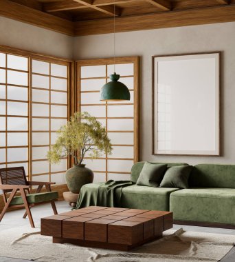 Oturma odasının içi modern mobilyalarla dolu. Poster çerçevesi modern iç tasarımı taklit ediyor. 3B illüstrasyon