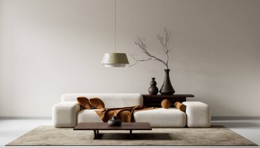 Oturma odasının içi modern mobilyalarla dolu. Boş duvar modern iç dizaynla modellenir. 3B illüstrasyon