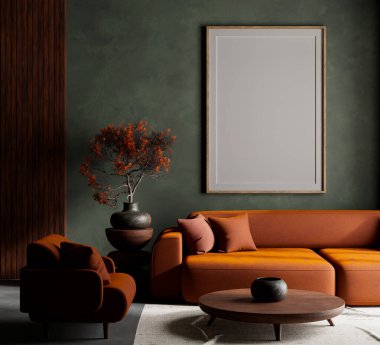 Oturma odasının içi modern mobilyalarla dolu. Poster çerçevesi modern iç tasarımı taklit ediyor. 3B illüstrasyon