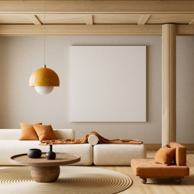 Oturma odasının içi modern mobilyalarla dolu. Poster çerçevesi modern iç tasarımı taklit ediyor. 3B illüstrasyon