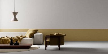 Oturma odasının içi modern mobilyalarla dolu. Boş duvar modern iç dizaynla modellenir. 3B illüstrasyon