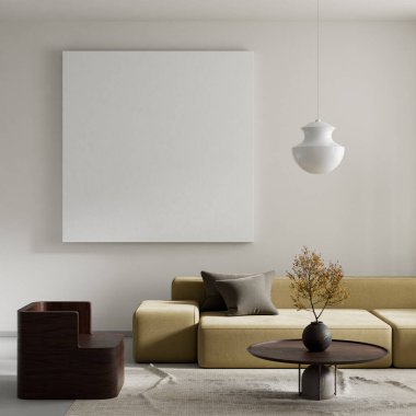 Oturma odasının içi modern mobilyalarla dolu. Poster çerçevesi modern iç tasarımı taklit ediyor. 3B illüstrasyon
