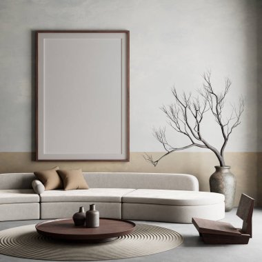 Oturma odasının içi modern mobilyalarla dolu. Poster çerçevesi modern iç tasarımı taklit ediyor. 3B illüstrasyon