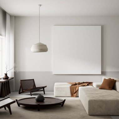 Oturma odasının içi modern mobilyalarla dolu. Poster çerçevesi modern iç tasarımı taklit ediyor. 3B illüstrasyon