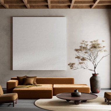 Oturma odasının içi modern mobilyalarla dolu. Poster çerçevesi modern iç tasarımı taklit ediyor. 3B illüstrasyon