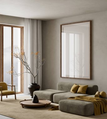 Oturma odasının içi modern mobilyalarla dolu. Poster çerçevesi modern iç tasarımı taklit ediyor. 3B illüstrasyon