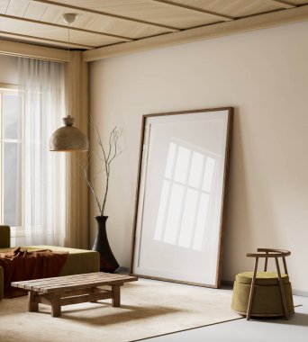 Oturma odasının içi modern mobilyalarla dolu. Poster çerçevesi modern iç tasarımı taklit ediyor. 3B illüstrasyon