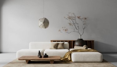 Oturma odasının içi modern mobilyalarla dolu. Boş duvar modern iç dizaynla modellenir. 3B illüstrasyon