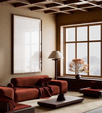 Oturma odasının içi modern mobilyalarla dolu. Poster çerçevesi modern iç tasarımı taklit ediyor. 3B illüstrasyon