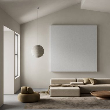 Oturma odasının içi modern mobilyalarla dolu. Poster çerçevesi modern iç tasarımı taklit ediyor. 3B illüstrasyon