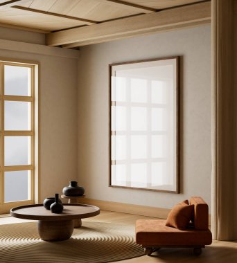 Oturma odasının içi modern mobilyalarla dolu. Poster çerçevesi modern iç tasarımı taklit ediyor. 3B illüstrasyon