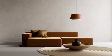 Oturma odasının içi modern mobilyalarla dolu. Boş duvar modern iç dizaynla modellenir. 3B illüstrasyon