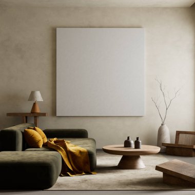 Oturma odasının içi modern mobilyalarla dolu. Poster çerçevesi modern iç tasarımı taklit ediyor. 3B illüstrasyon