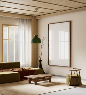 Oturma odasının içi modern mobilyalarla dolu. Poster çerçevesi modern iç tasarımı taklit ediyor. 3B illüstrasyon