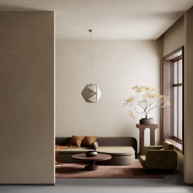 Oturma odasının içi modern mobilyalarla dolu. Boş duvar modern iç dizaynla modellenir. 3B illüstrasyon