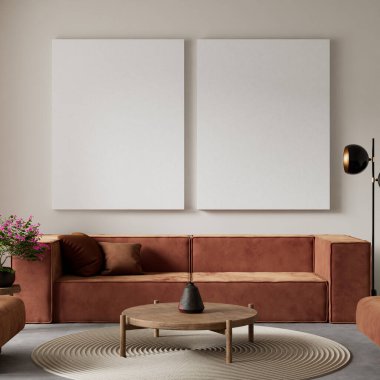 Oturma odasının içi modern mobilyalarla dolu. Poster çerçevesi modern iç tasarımı taklit ediyor. 3B illüstrasyon