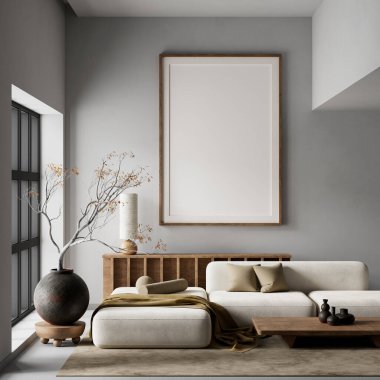 Oturma odasının içi modern mobilyalarla dolu. Poster çerçevesi modern iç tasarımı taklit ediyor. 3B illüstrasyon