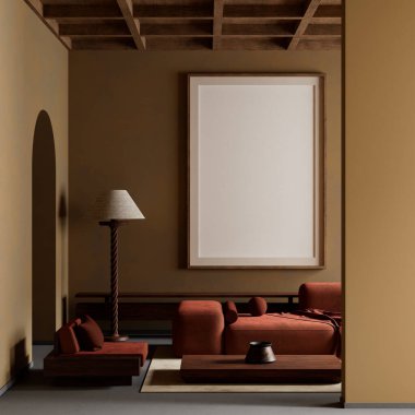 Oturma odasının içi modern mobilyalarla dolu. Poster çerçevesi modern iç tasarımı taklit ediyor. 3B illüstrasyon