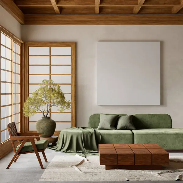 Oturma odasının içi modern mobilyalarla dolu. Poster çerçevesi modern iç tasarımı taklit ediyor. 3B illüstrasyon