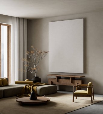 Oturma odasının içi modern mobilyalarla dolu. Poster çerçevesi modern iç tasarımı taklit ediyor. 3B illüstrasyon