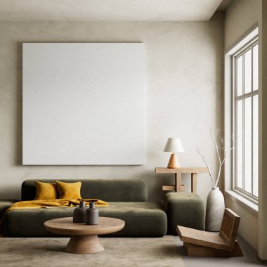 Oturma odasının içi modern mobilyalarla dolu. Poster çerçevesi modern iç tasarımı taklit ediyor. 3B illüstrasyon