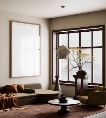 Oturma odasının içi modern mobilyalarla dolu. Poster çerçevesi modern iç tasarımı taklit ediyor. 3B illüstrasyon