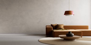 Oturma odasının içi modern mobilyalarla dolu. Boş duvar modern iç dizaynla modellenir. 3B illüstrasyon