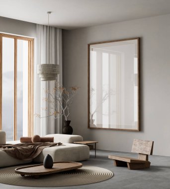 Oturma odasının içi modern mobilyalarla dolu. Poster çerçevesi modern iç tasarımı taklit ediyor. 3B illüstrasyon