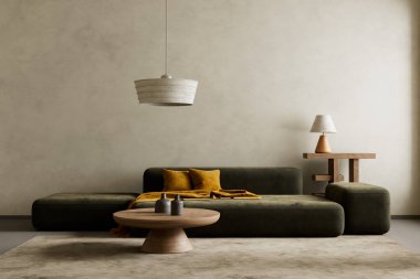 Oturma odasının içi modern mobilyalarla dolu. Poster çerçevesi modern iç tasarımı taklit ediyor. 3B illüstrasyon