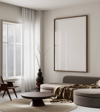 Oturma odasının içi modern mobilyalarla dolu. Poster çerçevesi modern iç tasarımı taklit ediyor. 3B illüstrasyon