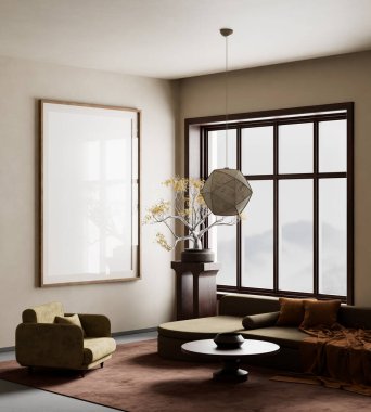 Oturma odasının içi modern mobilyalarla dolu. Poster çerçevesi modern iç tasarımı taklit ediyor. 3B illüstrasyon