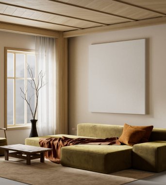 Oturma odasının içi modern mobilyalarla dolu. Poster çerçevesi modern iç tasarımı taklit ediyor. 3B illüstrasyon