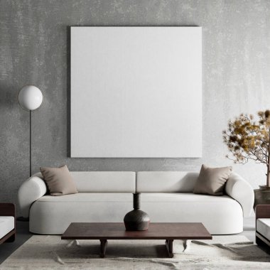 Oturma odasının içi modern mobilyalarla dolu. Poster çerçevesi modern iç tasarımı taklit ediyor. 3B illüstrasyon