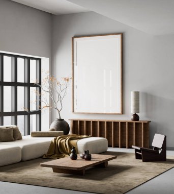 Oturma odasının içi modern mobilyalarla dolu. Poster çerçevesi modern iç tasarımı taklit ediyor. 3B illüstrasyon