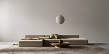Oturma odasının içi modern mobilyalarla dolu. Boş duvar modern iç dizaynla modellenir. 3B illüstrasyon