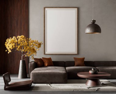 Oturma odasının içi modern mobilyalarla dolu. Poster çerçevesi modern iç tasarımı taklit ediyor. 3B illüstrasyon
