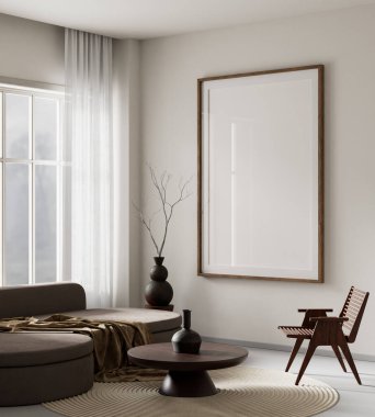 Oturma odasının içi modern mobilyalarla dolu. Poster çerçevesi modern iç tasarımı taklit ediyor. 3B illüstrasyon