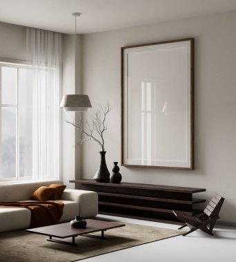 Oturma odasının içi modern mobilyalarla dolu. Poster çerçevesi modern iç tasarımı taklit ediyor. 3B illüstrasyon