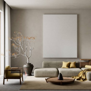 Oturma odasının içi modern mobilyalarla dolu. Poster çerçevesi modern iç tasarımı taklit ediyor. 3B illüstrasyon