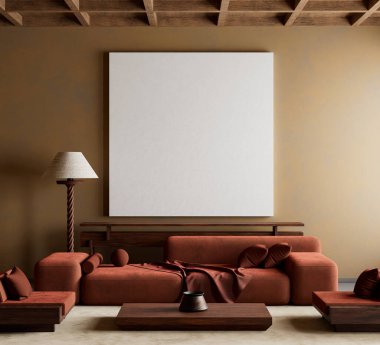 Japandi ve İskandinav stillerini minimalist tasarım, doğal malzemeler ve sıcak nötr tonlarla harmanlayan sakin bir oturma odası. 3B illüstrasyon